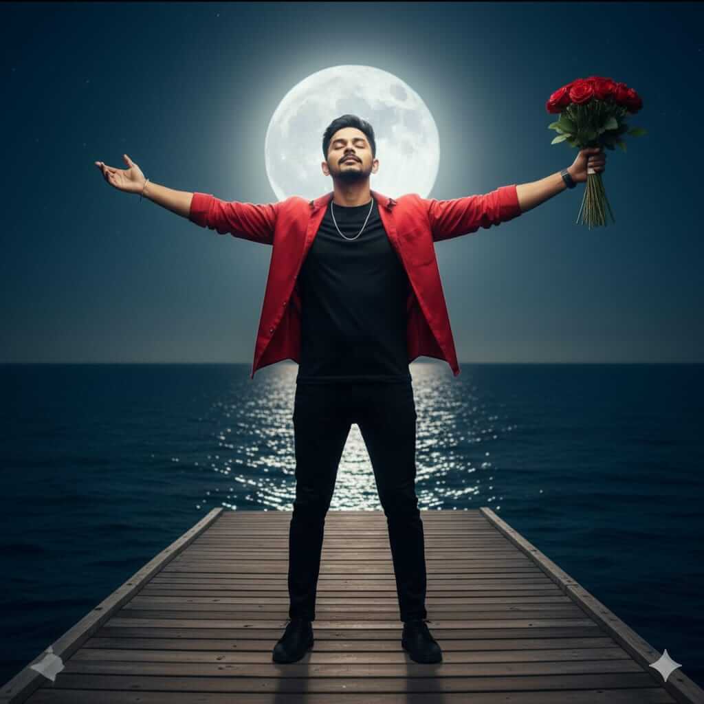 Romantic Night Ocean Portrait With Full Moon Halo And Roses