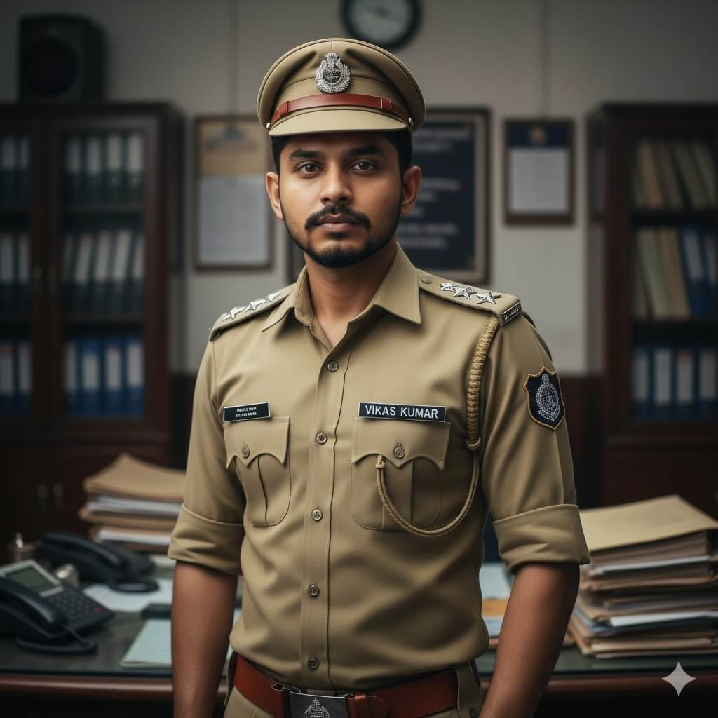 Ultra-Realistic Uttar Pradesh Police Head Constable Portrait in Official Khaki Uniform with Cinematic Office Lighting