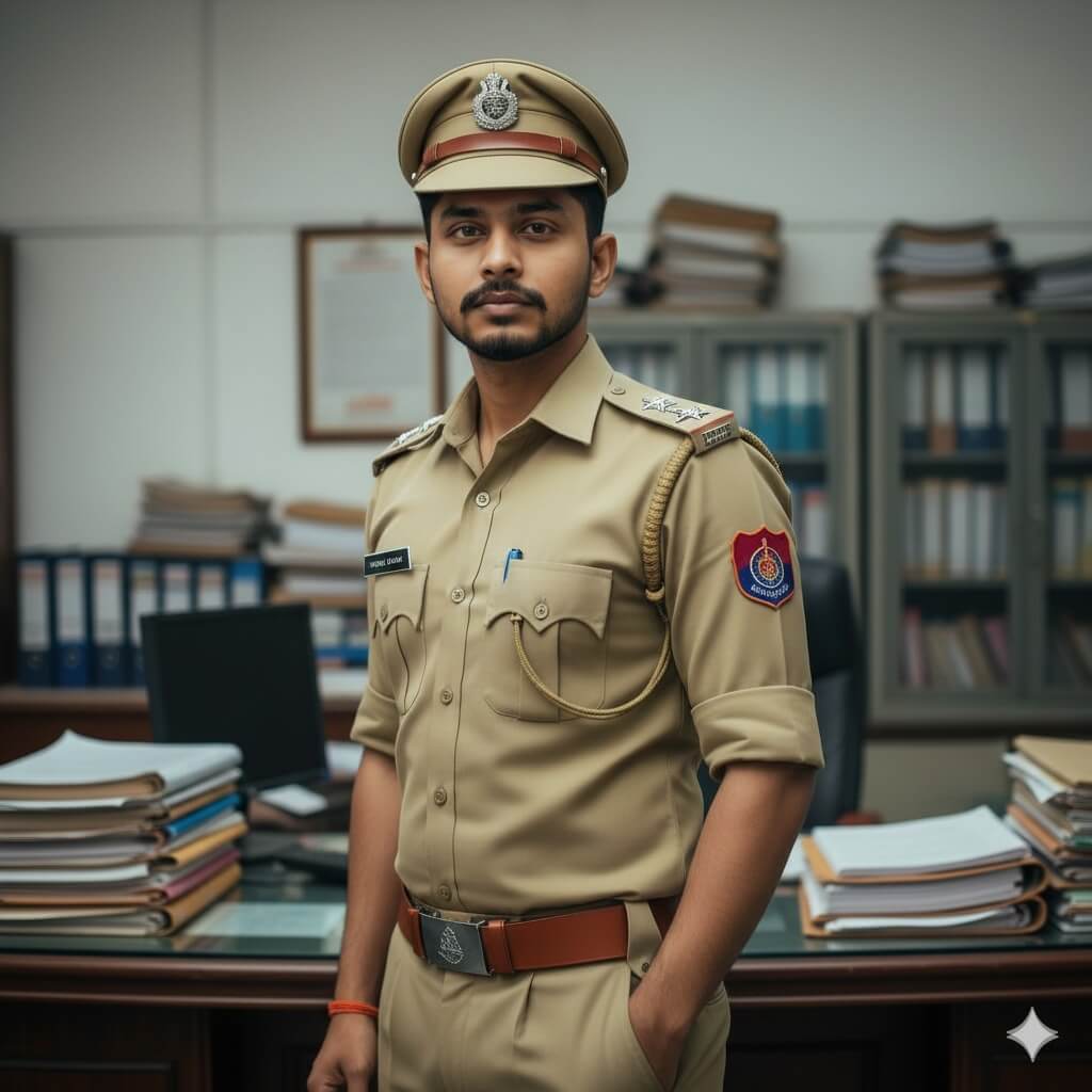 Ultra-Realistic Uttar Pradesh Police Constable Portrait in Official Khaki Uniform with Professional Office Lighting