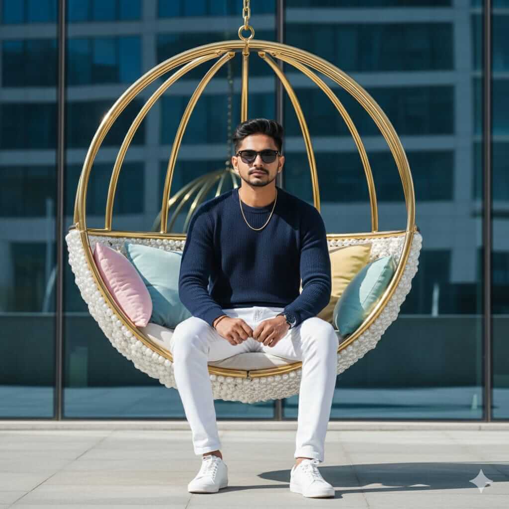 Hyper-Realistic Luxury Outdoor Portrait of Stylish Indian Man on Premium Swing Chair