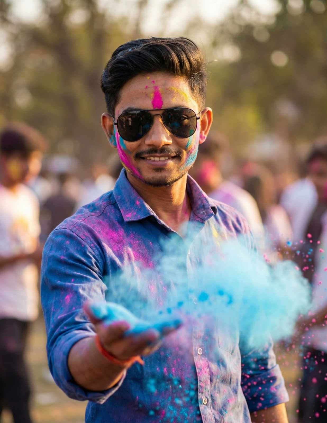 Ultra Realistic Stylish Young Man Celebrating Holi With Blue Powder Explosion Wearing Black Sunglasses Portrait