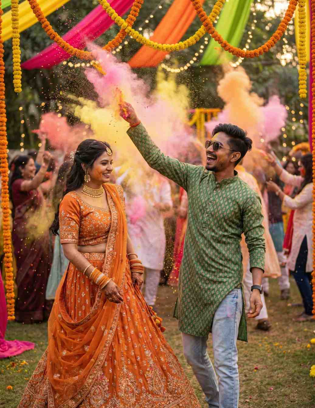 Ultra Realistic Romantic Indian Couple Dancing During Holi Festival With Colorful Gulal Explosion Outdoor Celebration