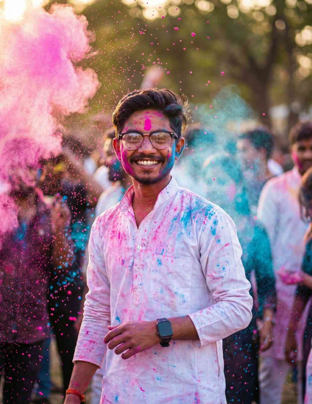 Ultra Realistic Happy Indian Man Celebrating Holi With Pink Blue Powder Explosion Crowd Portrait